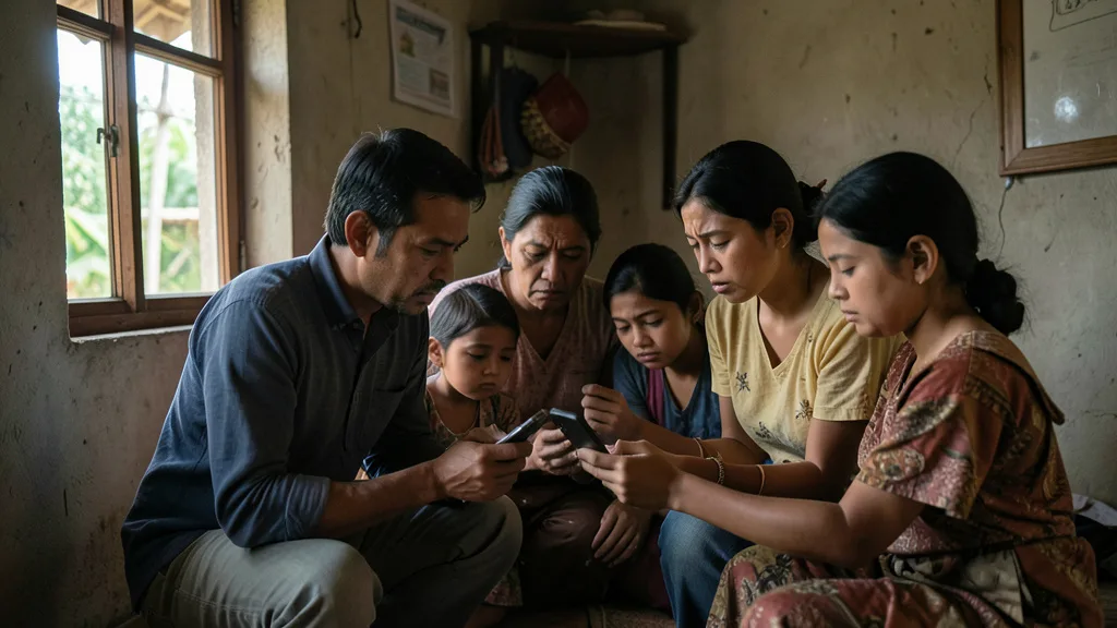 Imagem gerada por IA: Familiares em uma casa em Bangladesh aguardam notícias pelo celular.