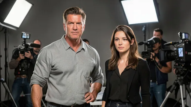 Imagem gerada por IA: Sylvester Stallone ao lado de uma atriz jovem em um set de televisão.