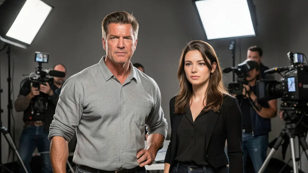 Imagem gerada por IA: Sylvester Stallone ao lado de uma atriz jovem em um set de televisão.
