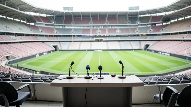 Imagem gerada por IA: Microfones diante de uma sala de imprensa com um estádio de futebol ao fundo.