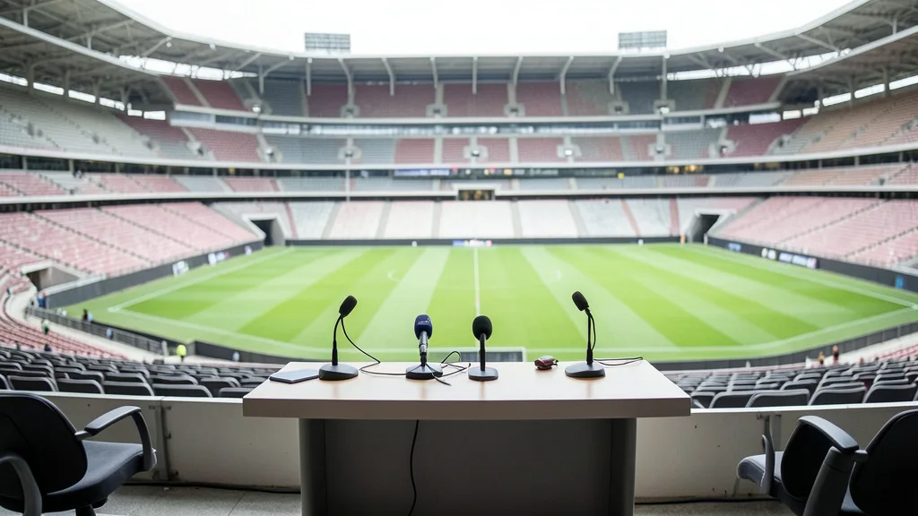 Imagem gerada por IA: Microfones diante de uma sala de imprensa com um estádio de futebol ao fundo.