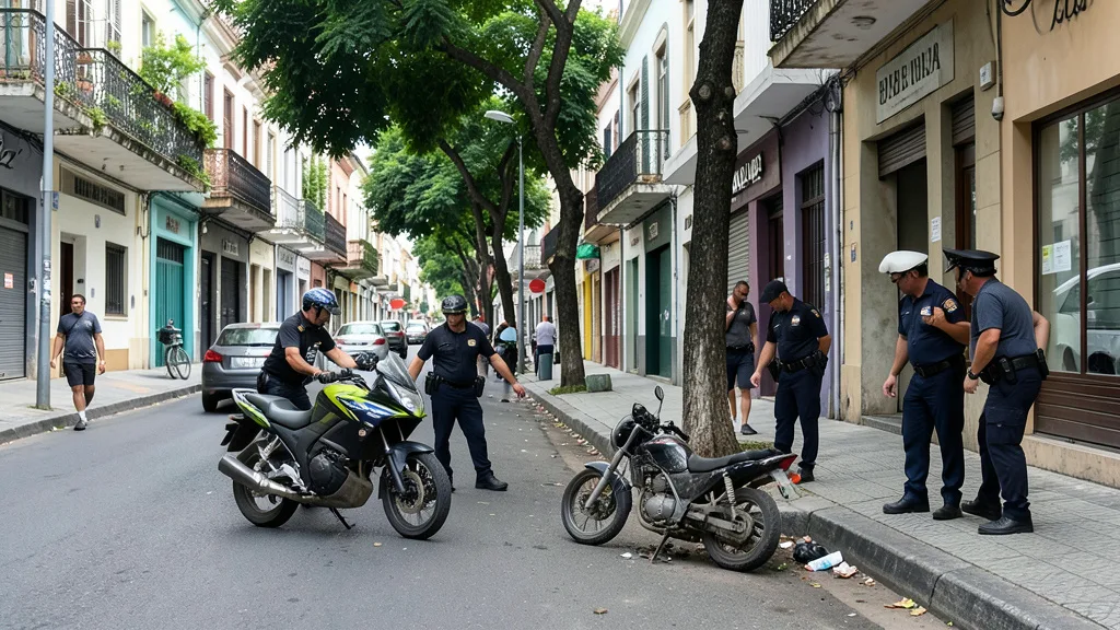 Imagem gerada por IA: Policiais examinam uma motocicleta abandonada em uma rua do Leblon.