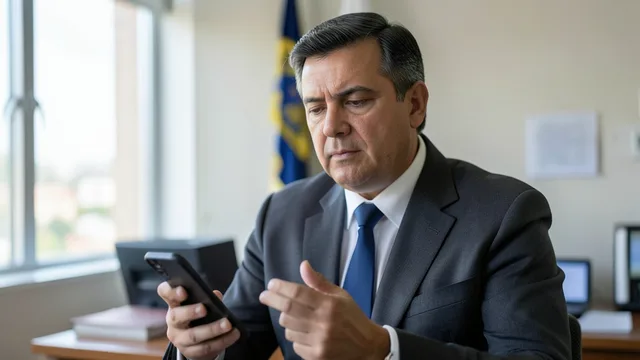 Imagem gerada por IA: Tarcísio de Freitas olha para um celular em um ambiente de trabalho.