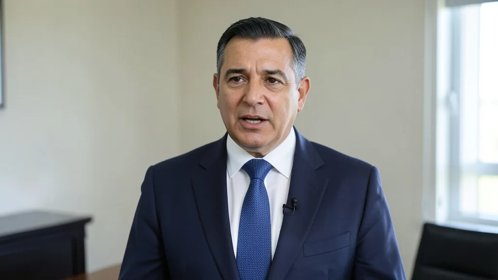 Imagem gerada por IA: Tarcísio de Freitas fala em entrevista em um ambiente institucional.