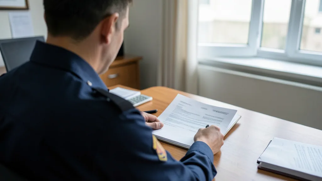 Imagem gerada por IA: Policial visto de costas analisa um arquivo em uma sala administrativa.