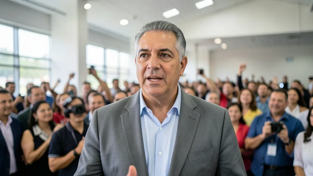 Imagem gerada por IA: Tarcísio de Freitas discursa durante comemoração da reeleição em São Paulo.