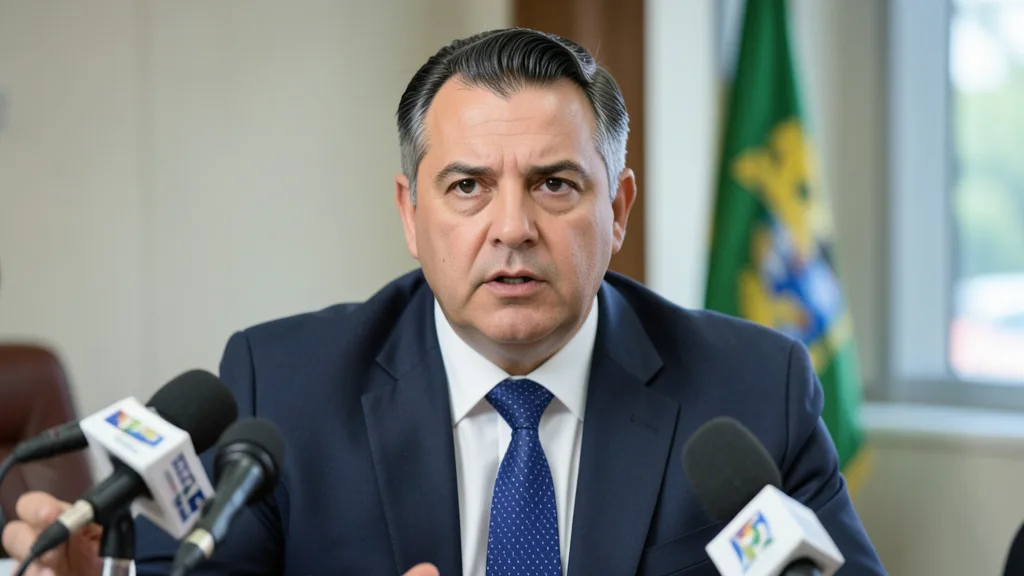 Imagem gerada por IA: Tarcísio de Freitas fala durante uma entrevista coletiva.