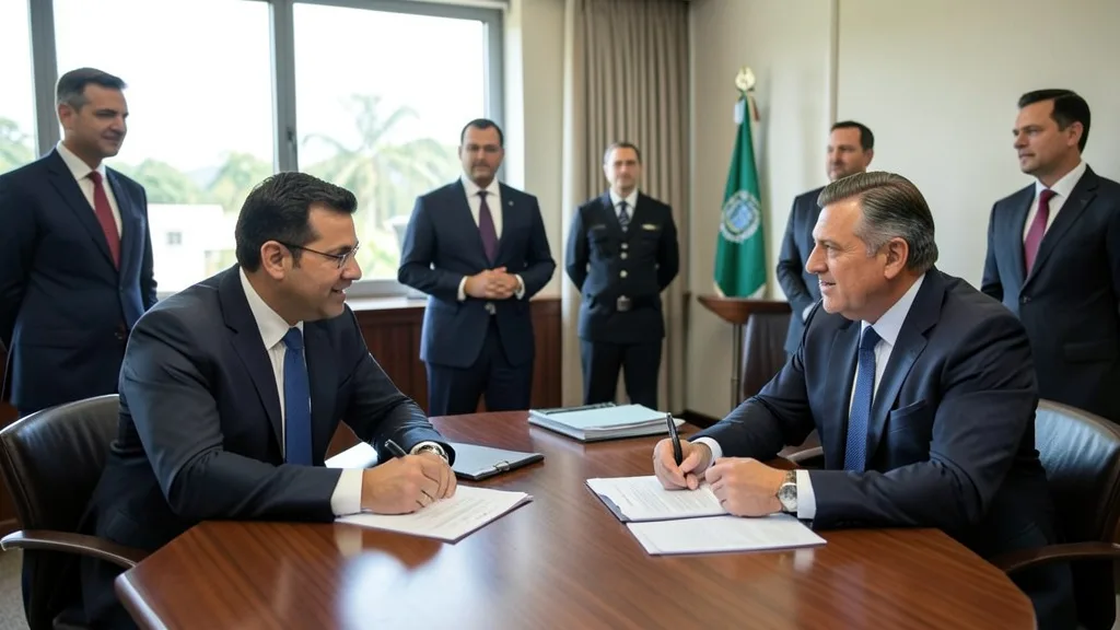 Imagem gerada por IA: Tarcísio de Freitas e Flávio Bolsonaro conversam durante reunião em Brasília.