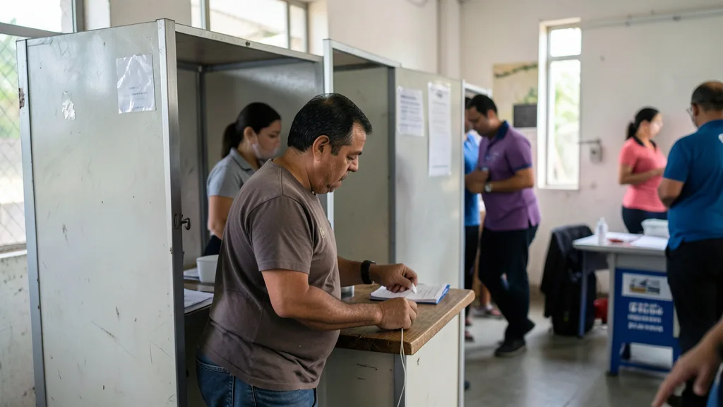 Imagem gerada por IA: Eleitor vota em uma cabine durante o segundo turno das eleições.