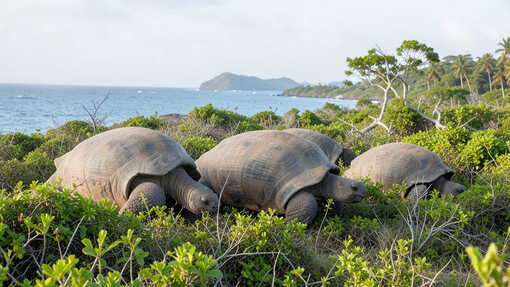 Imagem gerada por IA: Tartarugas-gigantes caminhando entre a vegetação do atol de Aldabra