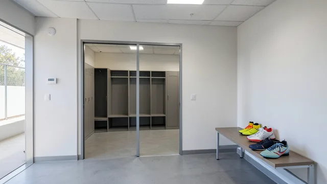 Imagem gerada por IA: Vestiário vazio em um centro de treinamento de futebol.