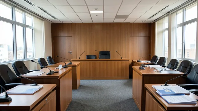 Imagem gerada por IA: Sala de reunião institucional com microfones e documentos sobre uma mesa.