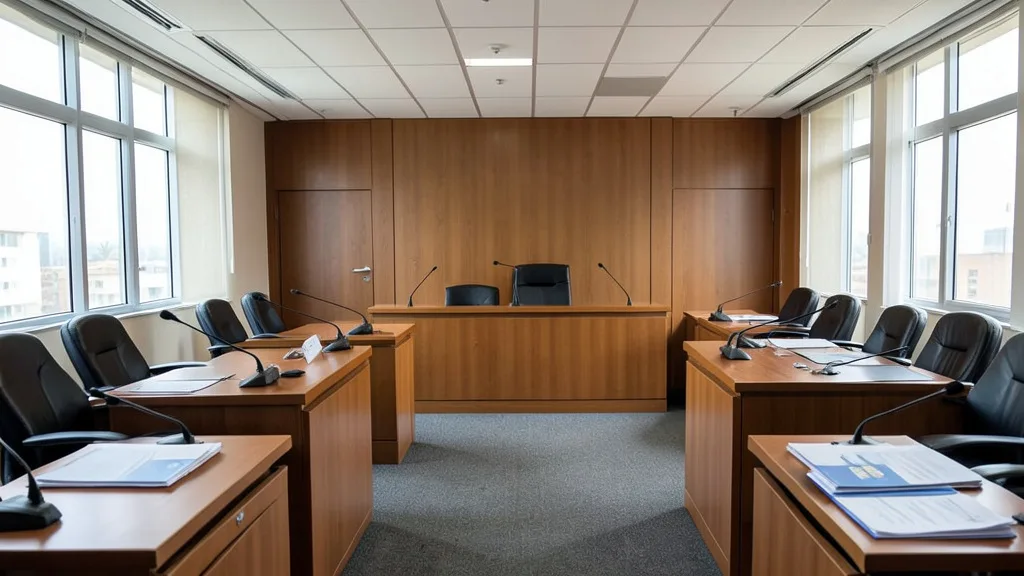 Imagem gerada por IA: Sala de reunião institucional com microfones e documentos sobre uma mesa.