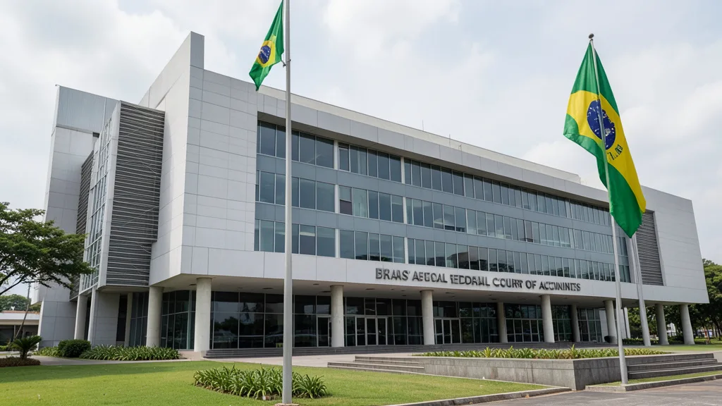 Imagem gerada por IA: Fachada do Tribunal de Contas da União, em Brasília, com uma bandeira do Brasil ao lado.