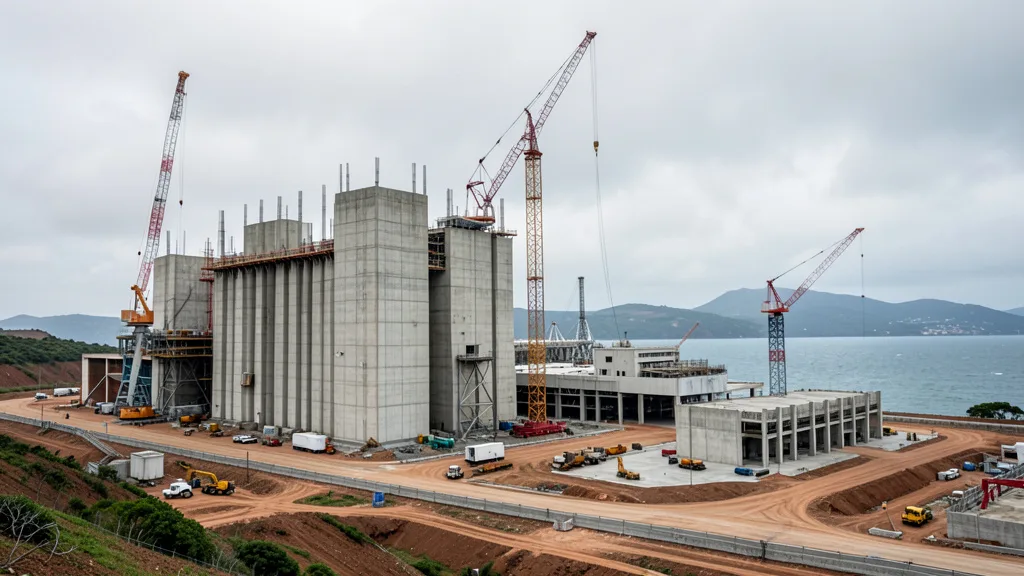 Imagem gerada por IA: Estruturas inacabadas e guindastes no canteiro de obras da usina nuclear Angra 3.
