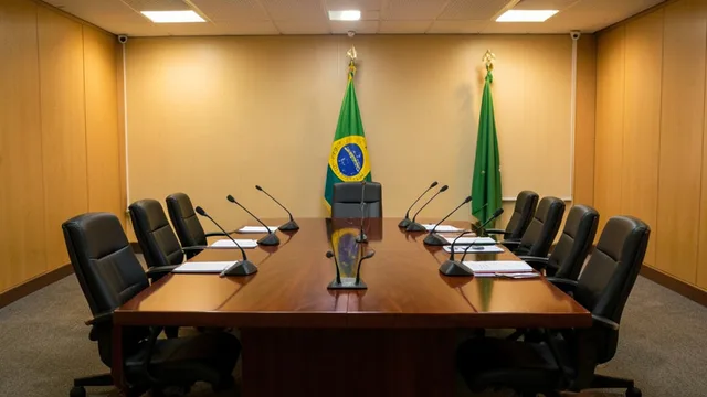 Imagem gerada por IA: Sala de audiência institucional com mesa de reunião, microfones e bandeira do Brasil ao fundo.