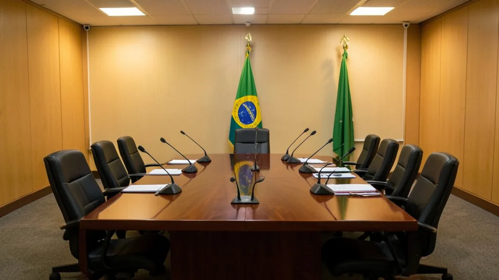 Imagem gerada por IA: Sala de audiência institucional com mesa de reunião, microfones e bandeira do Brasil ao fundo.