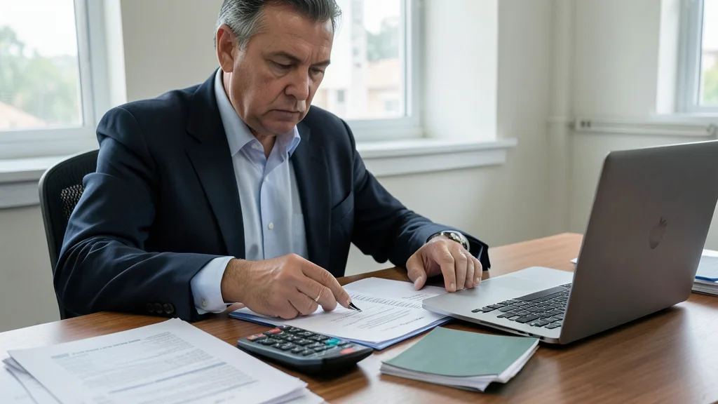 Imagem gerada por IA: Profissional analisa documentos fiscais e uma calculadora em uma mesa de escritório.