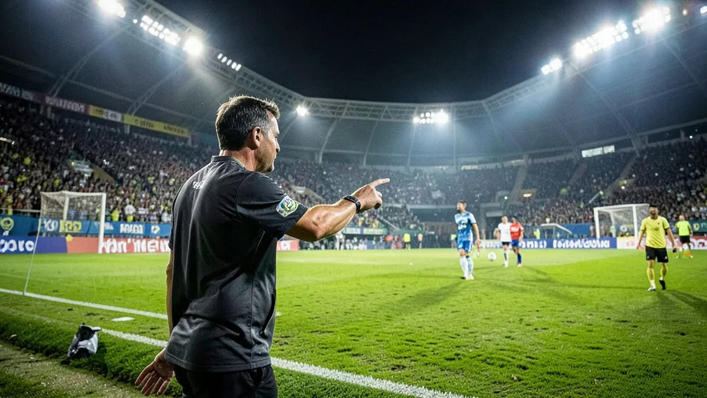 Imagem gerada por IA: Técnico gesticula à beira do campo após uma partida de futebol, com jogadores e um árbitro ao fundo.