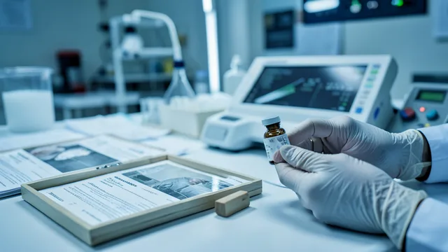 Imagem gerada por IA: Profissional examina um frasco de evidências ao lado de equipamento de análise genética em laboratório.