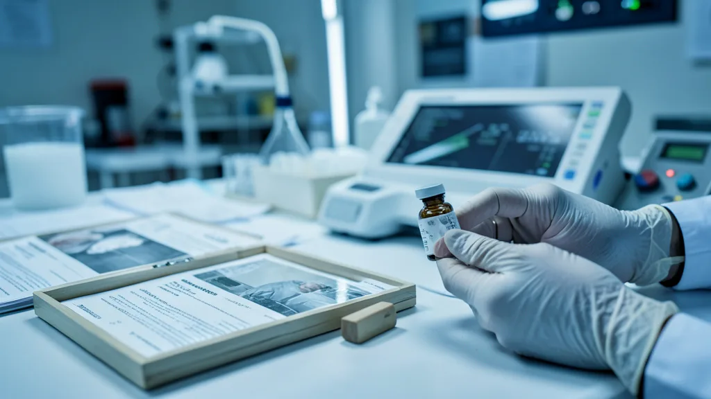 Imagem gerada por IA: Profissional examina um frasco de evidências ao lado de equipamento de análise genética em laboratório.