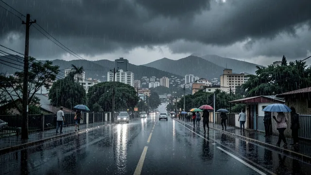 Imagem gerada por IA: Chuva forte e céu escuro sobre uma rua de Belo Horizonte.