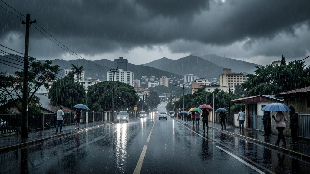 Imagem gerada por IA: Chuva forte e céu escuro sobre uma rua de Belo Horizonte.