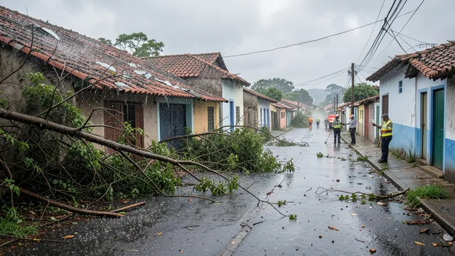Imagem gerada por IA: Casas com telhados danificados e galhos caídos após temporal com granizo.