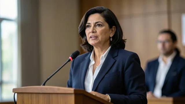 Imagem gerada por IA: Tereza Cristina fala em um evento público, em ambiente institucional.