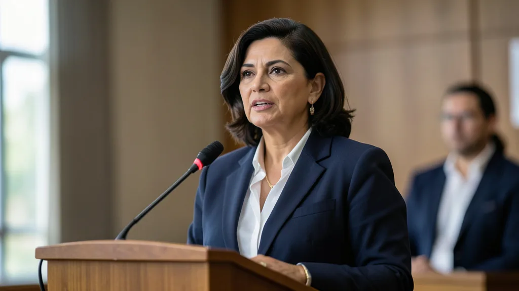 Imagem gerada por IA: Tereza Cristina fala em um evento público, em ambiente institucional.