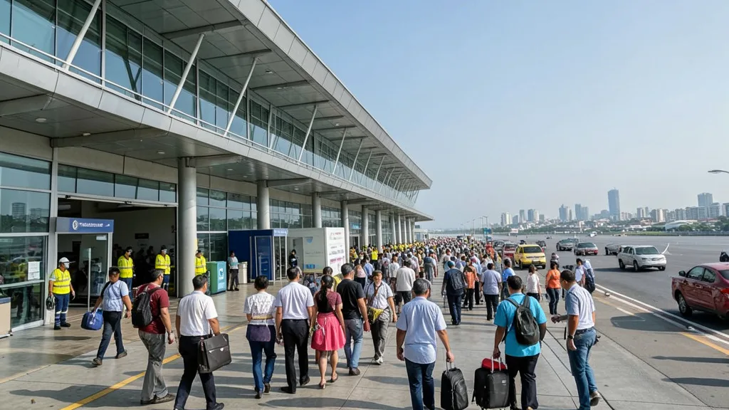 Imagem gerada por IA: Passageiros deixam um terminal de aeroporto no Panamá após um terremoto.