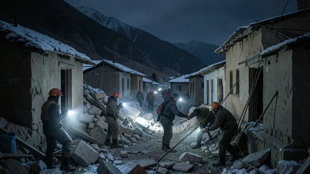 Imagem gerada por IA: Equipes de resgate procuram vítimas entre escombros em uma vila montanhosa atingida por terremoto.