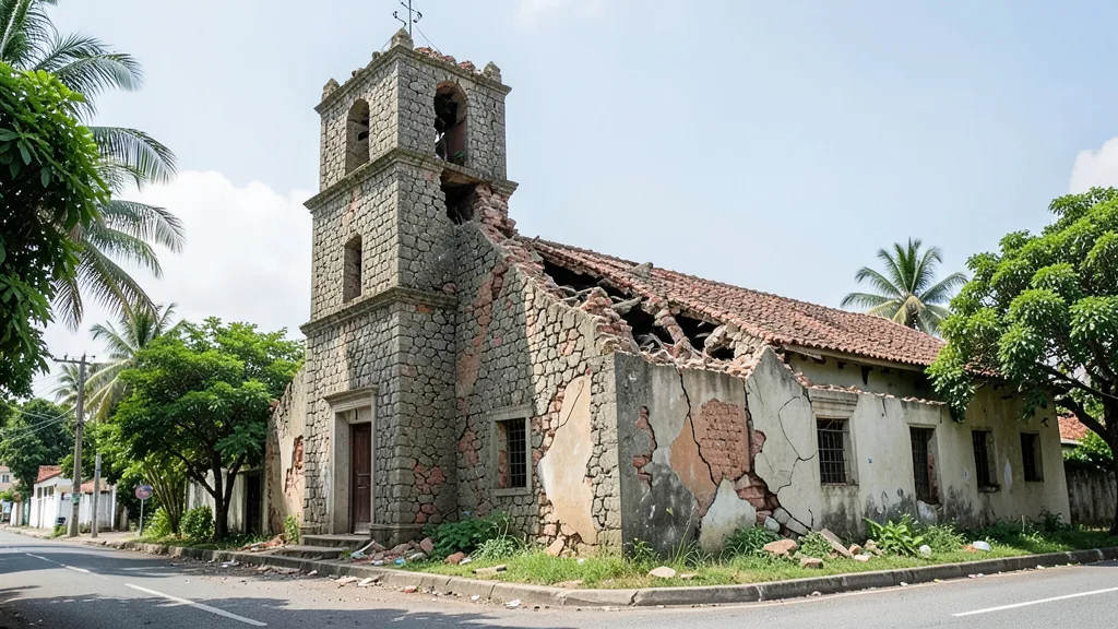 Imagem gerada por IA: Igreja histórica no Panamá com torre danificada e rachaduras após terremoto.