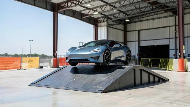 Imagem gerada por IA: Carro esportivo elétrico salta sobre uma rampa em uma pista de testes.