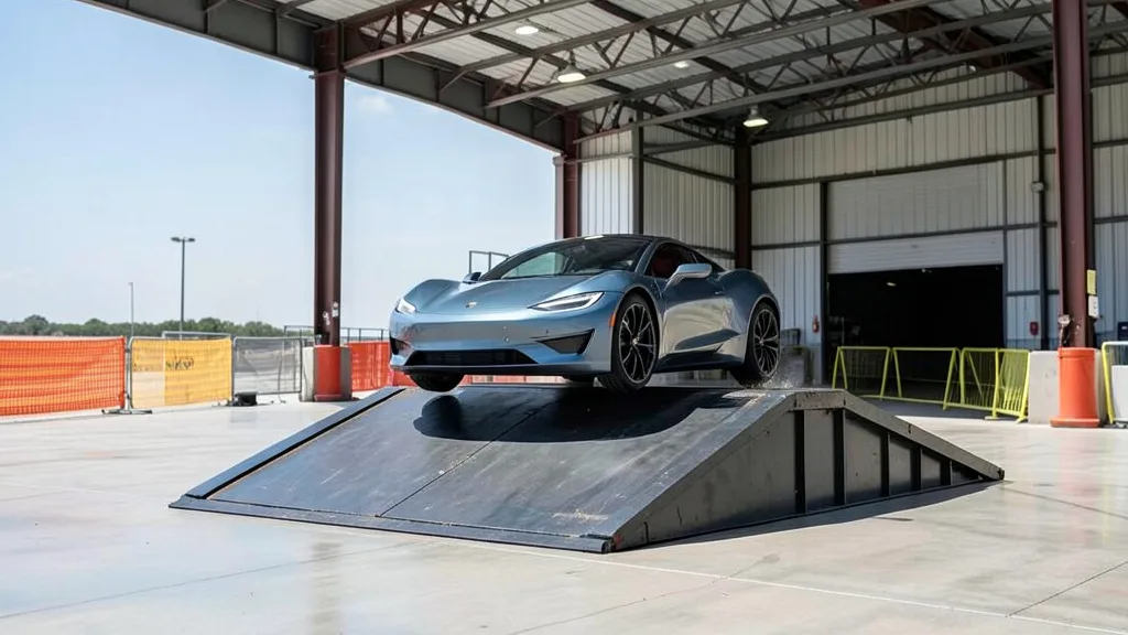 Imagem gerada por IA: Carro esportivo elétrico salta sobre uma rampa em uma pista de testes.