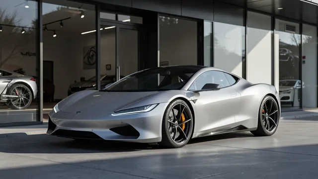Imagem gerada por IA: Esportivo elétrico futurista estacionado diante de um estúdio de design automotivo.