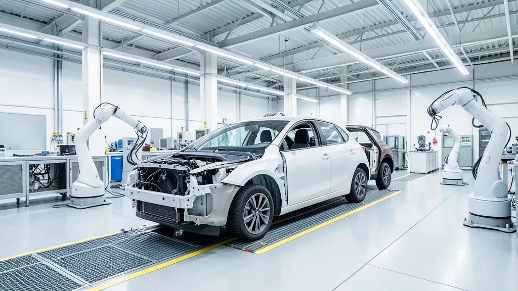 Imagem gerada por IA: Carro elétrico em montagem ao lado de braços robóticos em uma fábrica.
