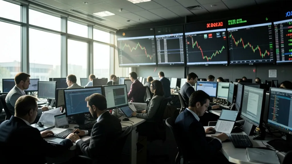 Imagem gerada por IA: Operadores acompanham um pregão volátil em uma sala de mercado financeiro.