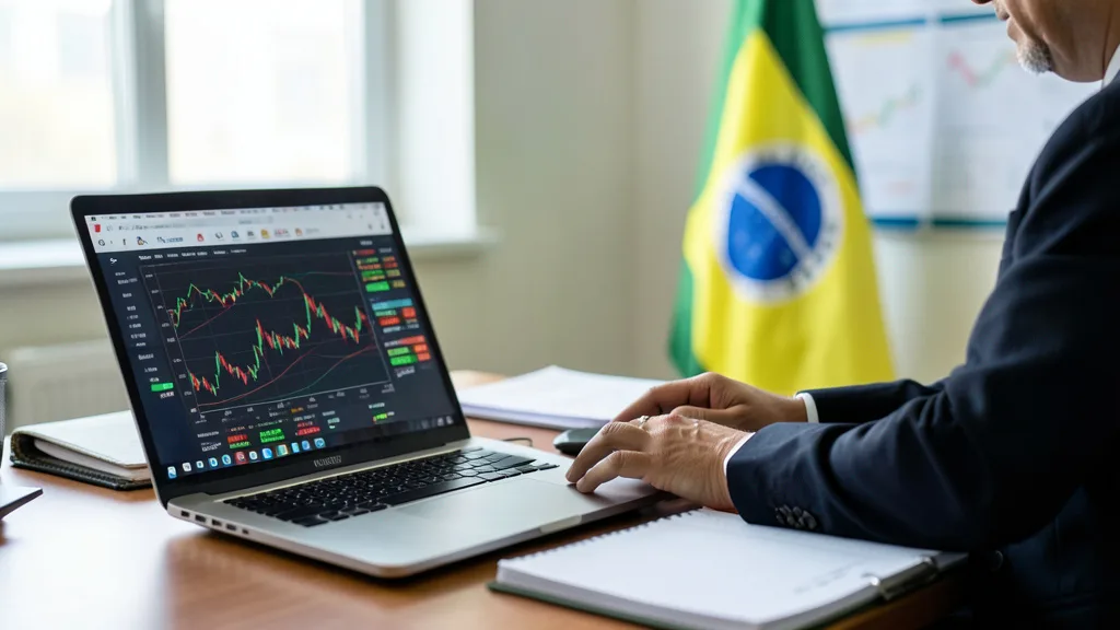 Analista observa dados financeiros em um computador, com uma bandeira brasileira desfocada ao fundo.