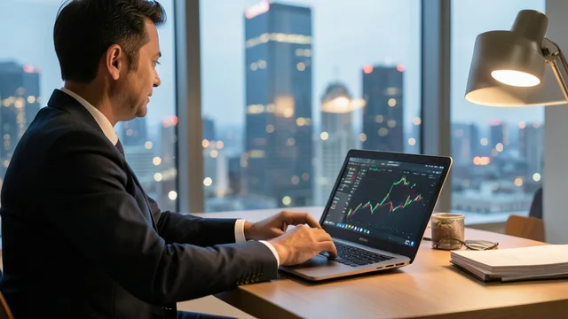 Imagem gerada por IA: Pessoa acompanha investimentos em títulos públicos diante de um computador, com prédios financeiros ao fundo.