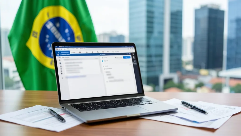 Imagem gerada por IA: Notebook com uma plataforma de investimentos aberta ao lado de documentos financeiros e uma bandeira do Brasil ao fundo.