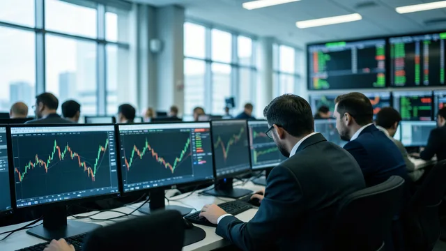Imagem gerada por IA: Operadores acompanham o mercado financeiro em uma sala de negociação.
