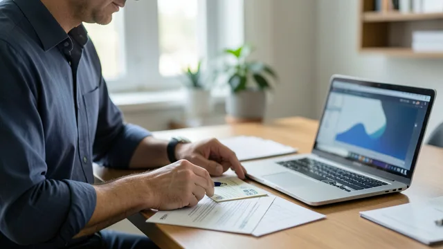 Imagem gerada por IA: Documentos financeiros sem identificação sobre uma mesa, ao lado de um computador.