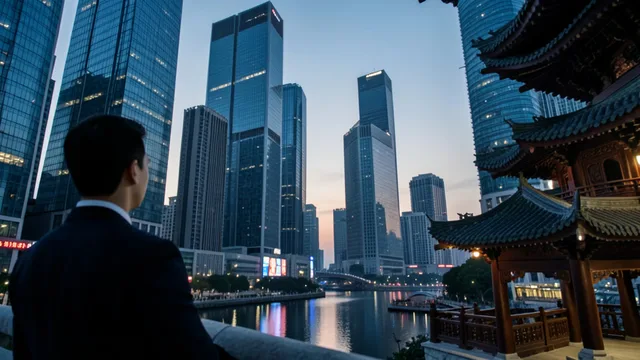 Imagem gerada por IA: Arranha-céus de um distrito financeiro chinês ao entardecer, vistos por uma pessoa de costas.