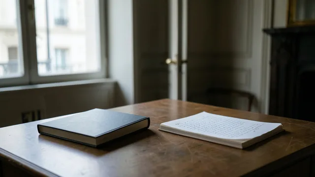 Imagem gerada por IA: Romance fechado ao lado de um manuscrito em uma sala de reunião literária.
