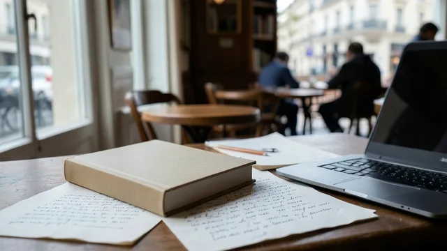 Imagem gerada por IA: Romance de capa sem identificação ao lado de páginas manuscritas e um laptop em uma mesa.