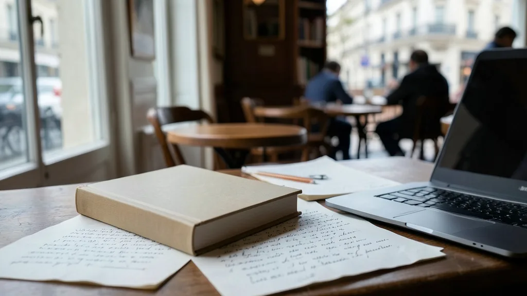 Imagem gerada por IA: Romance de capa sem identificação ao lado de páginas manuscritas e um laptop em uma mesa.