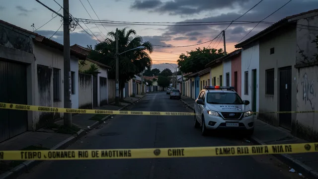 Imagem gerada por IA: Rua residencial isolada por fita policial durante a investigação de uma morte no Rio de Janeiro.