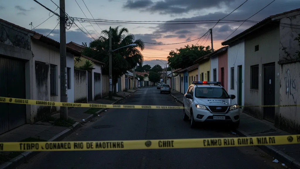 Imagem gerada por IA: Rua residencial isolada por fita policial durante a investigação de uma morte no Rio de Janeiro.