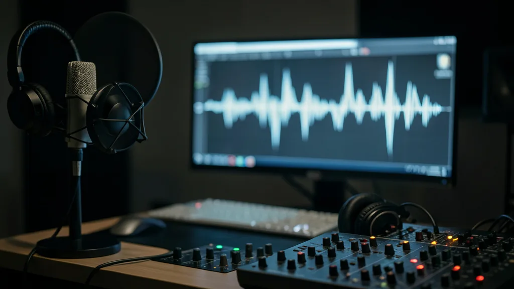 Imagem gerada por IA: Microfone e equipamentos em um estúdio de música com formas abstratas na tela de um computador.
